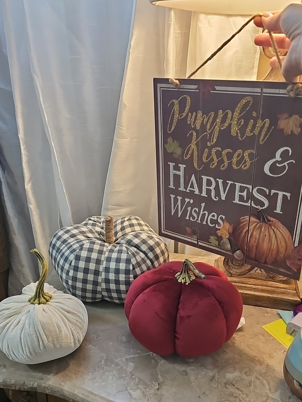Harvest Velvet Pumpkin Decor - Red, White, Black Plaid And Sign New 4 PC Lot